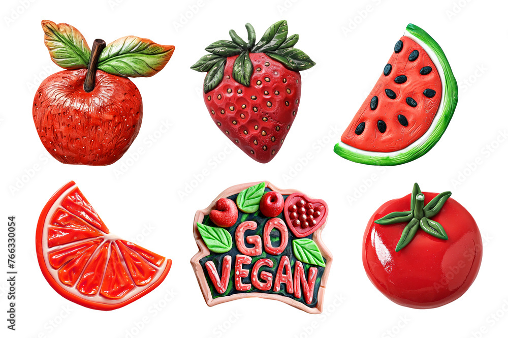 Naklejka premium Refrigerator magnets decoration set. Fruts and vegetable, vegetarian, vegan art concept