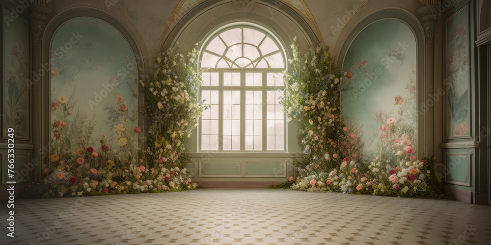 Luxury Palace Interior. Wedding Interior with big window and green walls decorated with frescoes and murals pink roses and flowers compositions