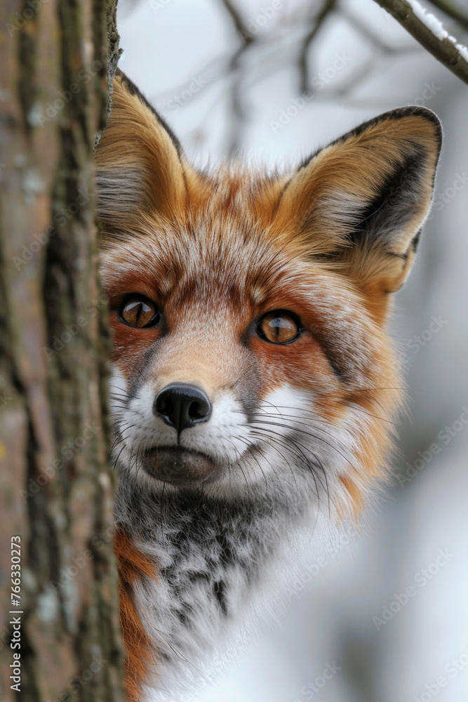 Obraz premium Close-up portrait of a curious red fox in natural habitat