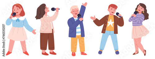 A set of singing children.Music school, kid vocal group and children choir sing. Children singing performance or school karaoke singer character.