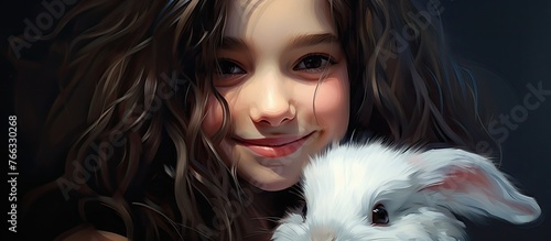 Young woman affectionately holding a white rabbit close to her in a tender embrace
