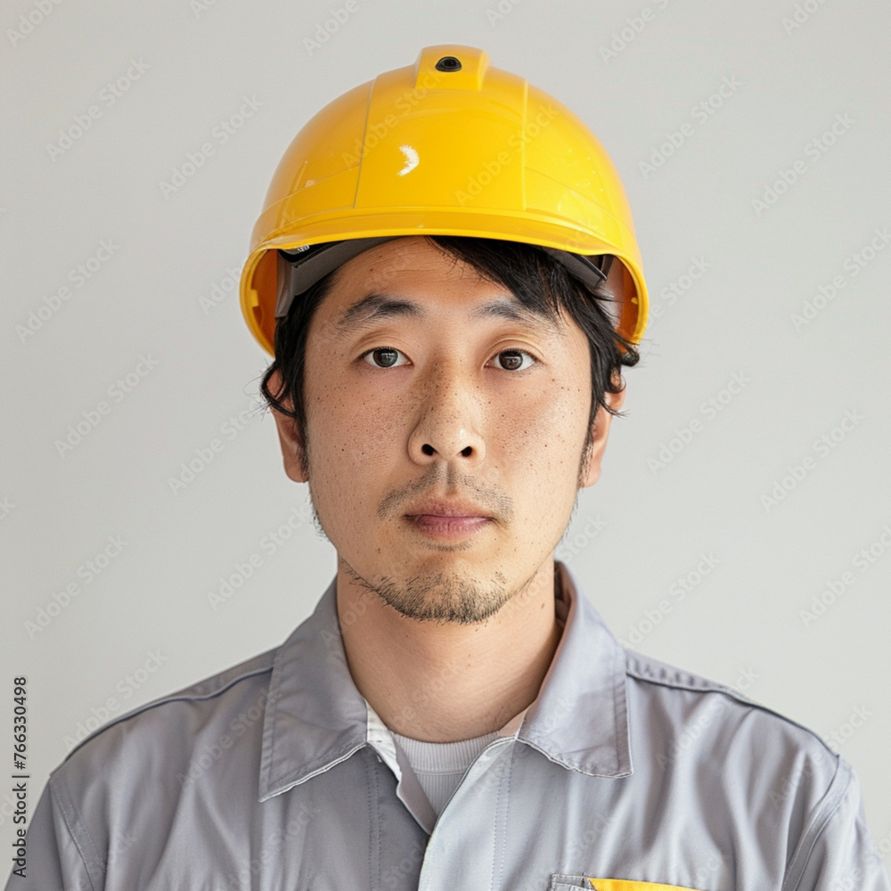 A handsome 27-year-old Japanese man with a clean nose and brown eyebrows, electrician, wearing a yellow electrician's helmet, wearing gray work clothes, his body facing the camera. white background