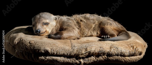  A large brown bear lounges on a wooden floor, resting on a brown pillow next to a black wall