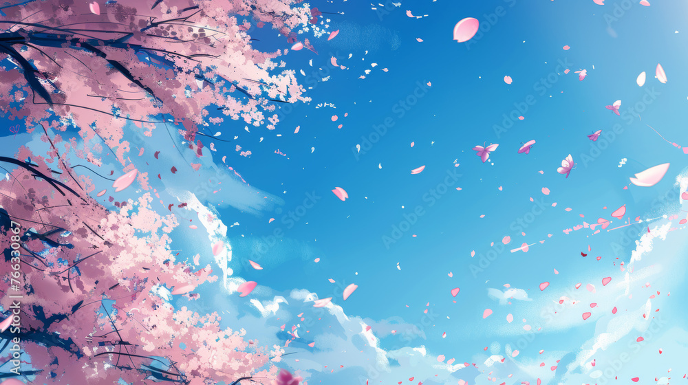 The fresh, lively dance of pink petals against a serene blue b