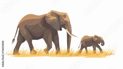 African elephant with calf walking behind on a grassy