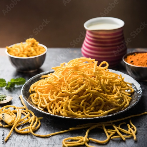 cheese flavoured sev or bhujiya, tea time snack from india photo