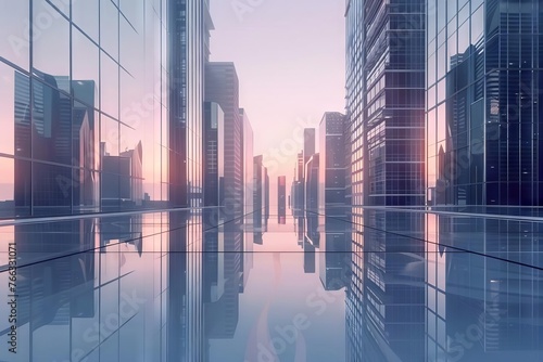 Reflective Skyscraper Office Buildings  Modern City Urban Landscape  3D Illustration