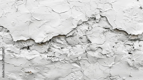 Close-up of a cracked white wall texture with peeling paint, suitable for background or concept related to renovation and aging infrastructure