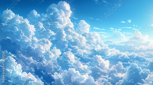 A wide-angle shot of a blue sky filled with numerous cloud formations highlighted by natural sunlight from above