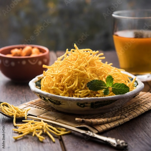 cheese flavoured sev or bhujiya, tea time snack from india photo