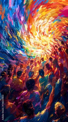 Captivating Crowd in a Whirlwind of Vivid Colors and Energetic Motion