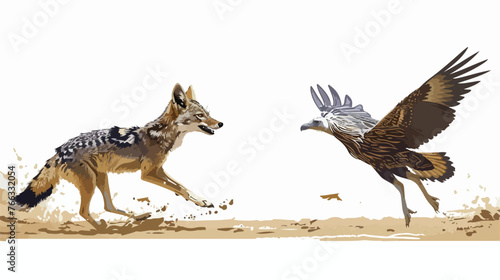 Blackbacked jackal chasing vultures from a carcass 