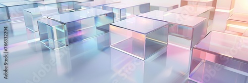 Abstract render of colorful glass geometric shapes with reflective surfaces. Vibrant and reflective glass contrast against geometric shapes  creating an abstract and futuristic atmosphere. 