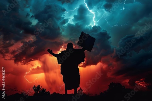 silhouette of moses with arms raised, holding stone tablet, lightning striking in background, dramatic sky photo