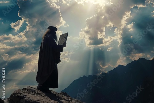 silhouette of prophet moses holding stone tablet with ten commandments, mountaintop, cloudy sky, sunbeams, epic photo