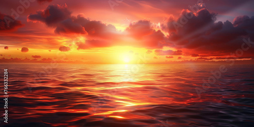 sunset in sea tropical beach seascape horizon, Orange and golden sunset sky calmness tranquil relaxing, banner