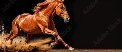  A brown horse galloping through a dirt field with its front legs lifted