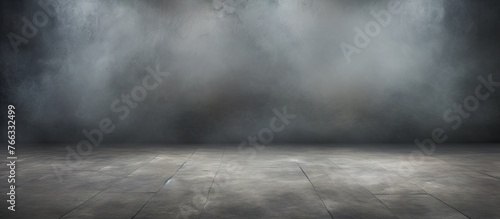 A spotlight is illuminating a dark room with a concrete floor, creating a dramatic and mysterious atmosphere