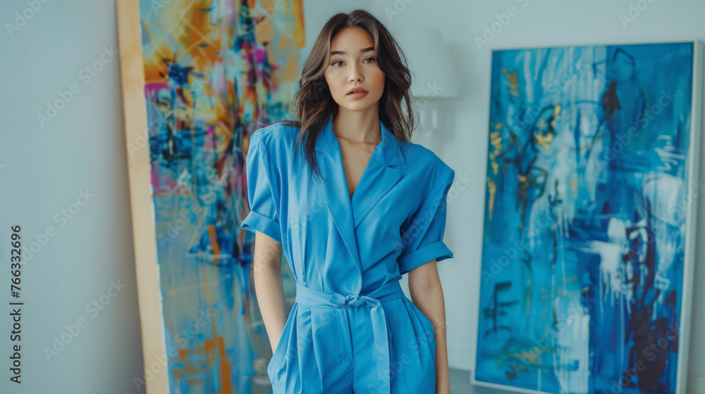 Confident woman in blue jumpsuit posing with modern artwork Confident woman in blue jumpsuit posing with modern artwork