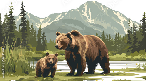 Brown Bear and Two Cubs against a Forest and Mountain