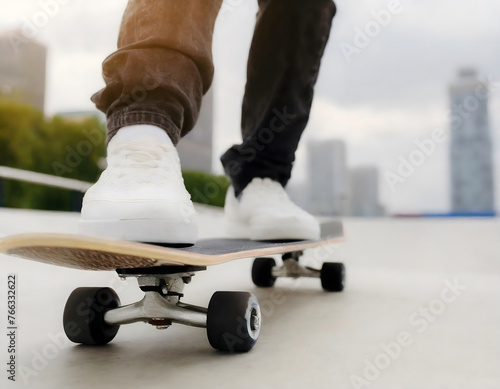 Person Riding Skateboard on City Street. Generative AI