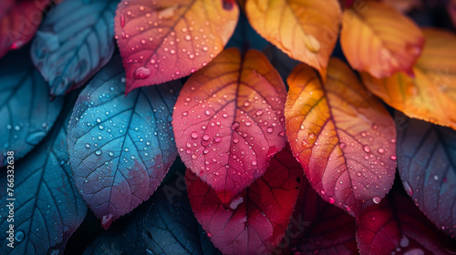 Close-up of red and blue leaves with water droplets highlighting the delicate textures and patterns in nature photo