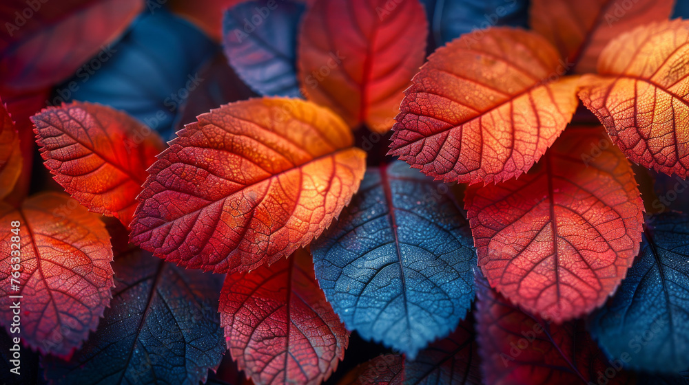 A vivid blue and red interplay across leaves with droplets in arresting detail