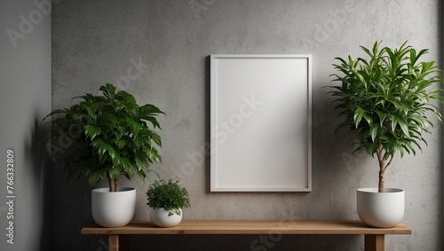 A mockup frame in a modern minimalist loft-style living room with plants. An empty frame, poster on the wall mockup.