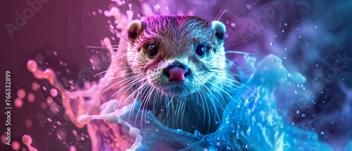  Blue, pink, and purple splashes cover the ferret's digital painting