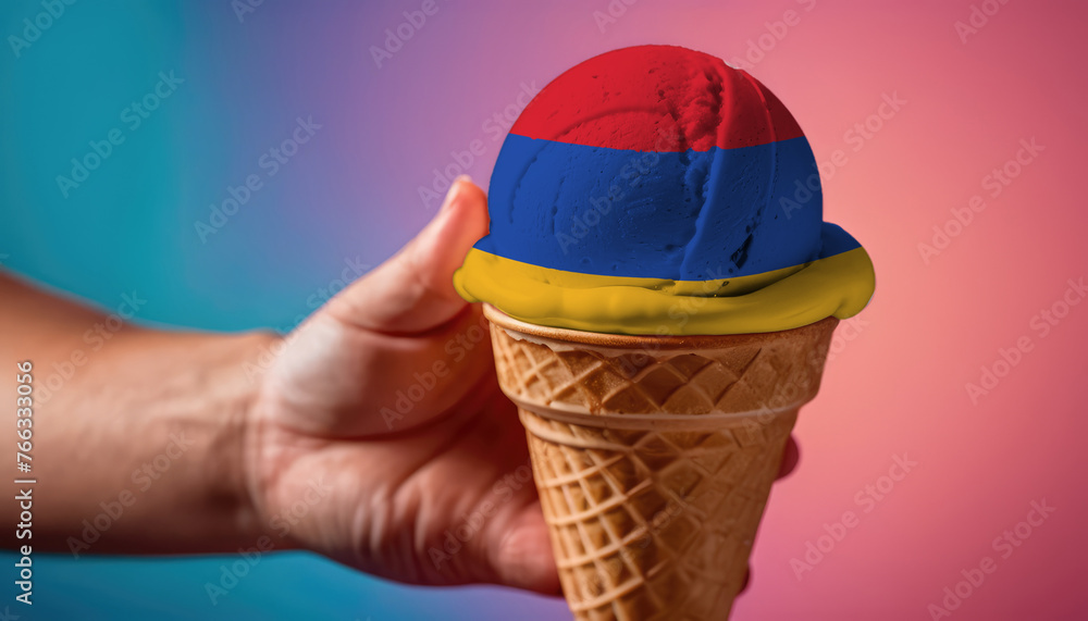 On a colorful background, a hand with ice cream in the form of the flag of Armenia On a colorful background, a hand with ice cream in the form of the flag of Armenia