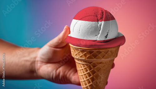 On a colorful background, a hand with ice cream in the form of the flag of Austria © Александр Бердюгин