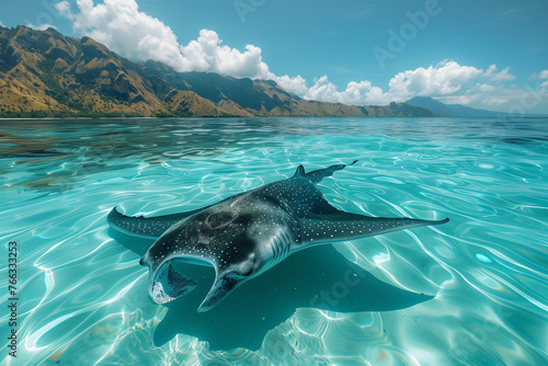 A manta ray swims in the ocean with mountains in the background, travel concept.