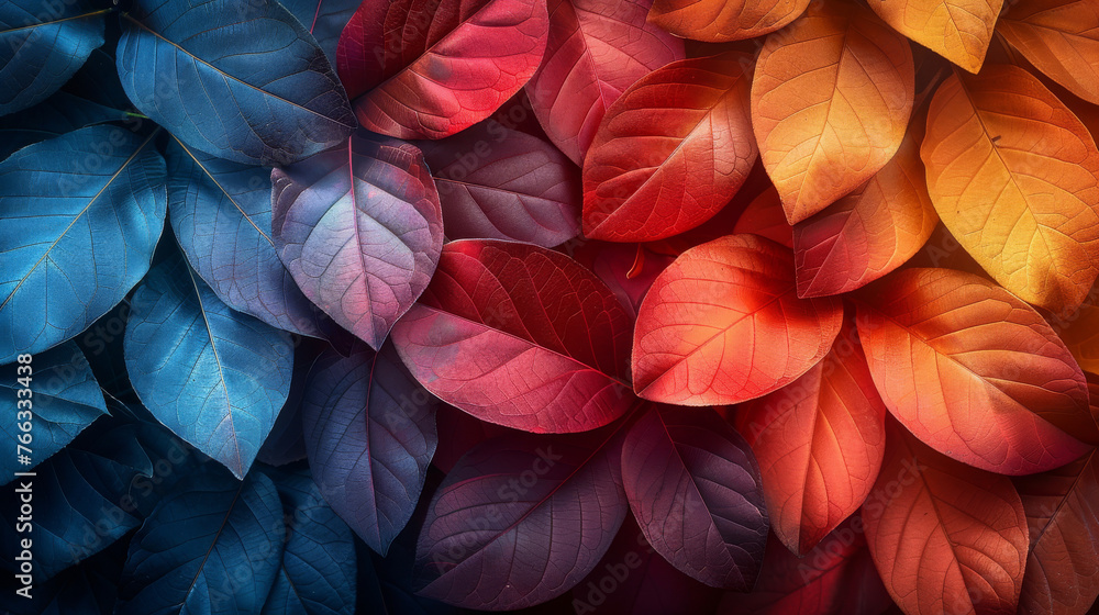 This dramatic image highlights the transition of seasons with leaves in varying shades of blue to red