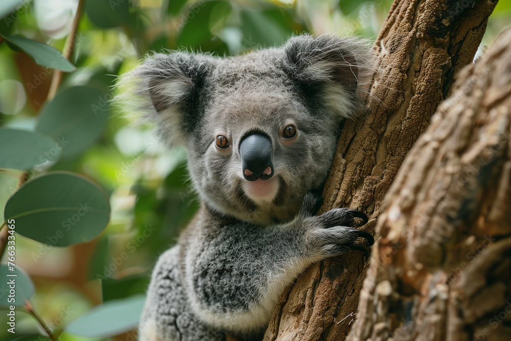 A koala is perched in a tree, displaying a grin, travel concept. A koala is perched in a tree, displaying a grin, travel concept.
