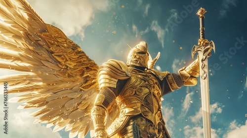 Golden knight with angelic wings sword raised towards the heavens
