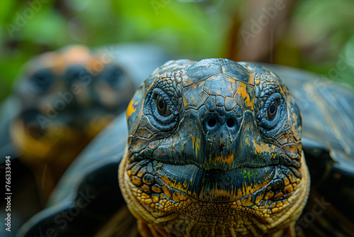 Detailed view of a turtles head and neck, showcasing intricate patterns and textures, travel concept.