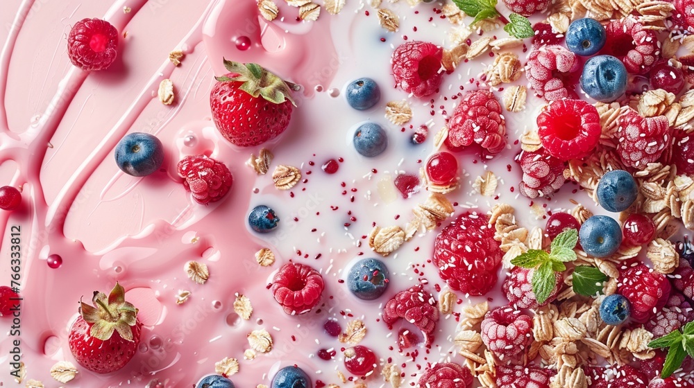 Airborne granola, berries, and oat milk explosion, light red scene, high contrast, overhead shot Airborne granola, berries, and oat milk explosion, light red scene, high contrast, overhead shot