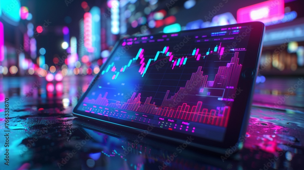 Close view of tablet with stock growth graph, neon glow, front angle, sharp clarity Close view of tablet with stock growth graph, neon glow, front angle, sharp clarity