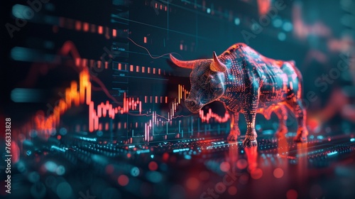 Bull market symbol next to rising graph, vibrant tones, side angle