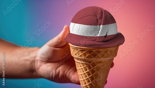 On a colorful background, a hand with ice cream in the form of the flag of Latvia © Александр Бердюгин