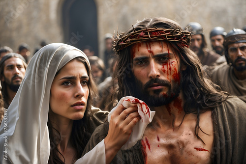 Veronica wipes the face of Jesus, biblical scene concept. © funstarts33