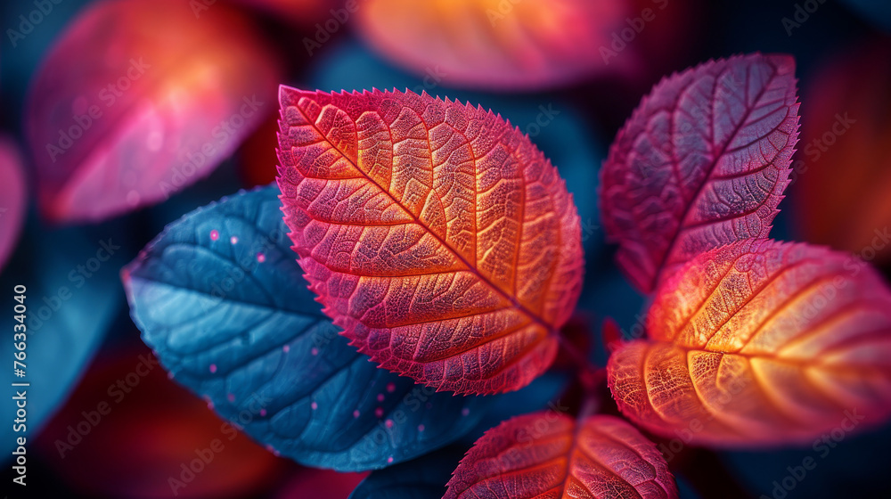 This striking image features vibrant red and blue leaves with a visible fine texture