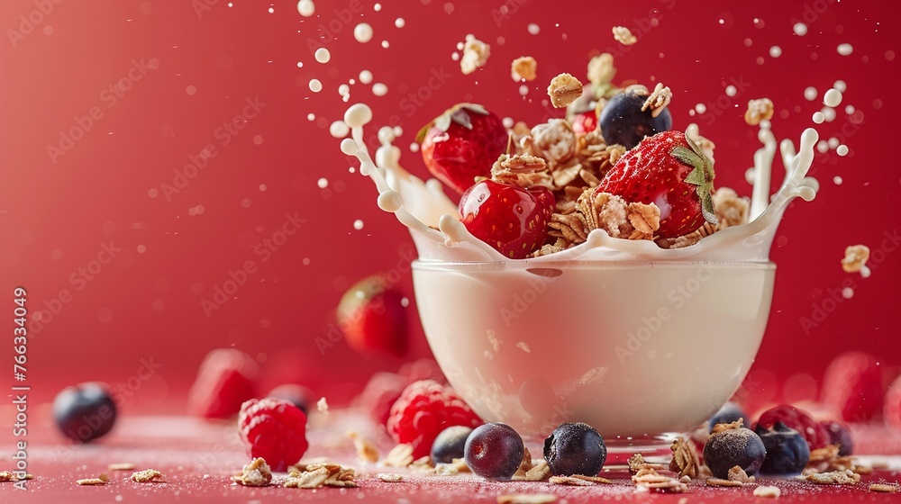 Granola and berries in motion with oat milk splash, pastel red setting, golden hour, front view Granola and berries in motion with oat milk splash, pastel red setting, golden hour, front view