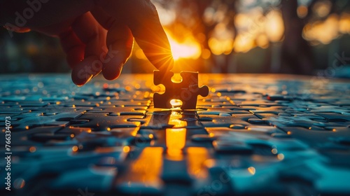 Hand of a businessman fitting the last piece of a puzzle, sunset glow, victory in strategy