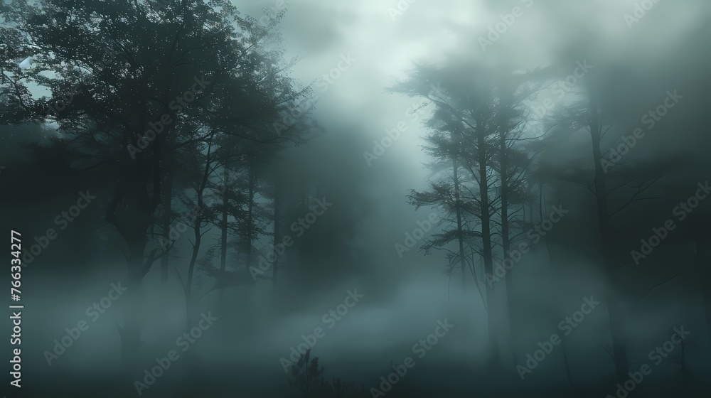 Dense fog rolling through a mystical forest, where tall trees are barely visible, creating an ethereal and mysterious atmosphere.