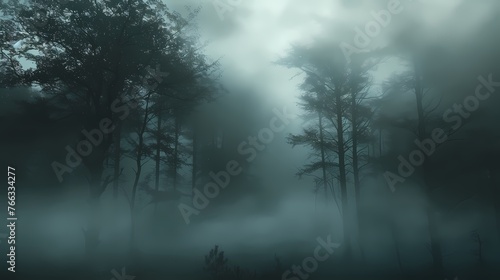 Dense fog rolling through a mystical forest, where tall trees are barely visible, creating an ethereal and mysterious atmosphere.