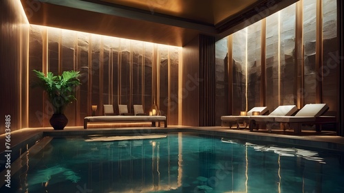 luxury swimming pool, A luxurious spa with warm, soothing pools and aromatic steam rooms, designed to melt away stress and rejuvenate the mind and body. © Naveed Arts