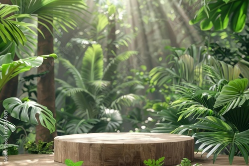 Wooden podium stage in tropical forest, natural green background, product presentation display, eco-friendly 3D digital illustration