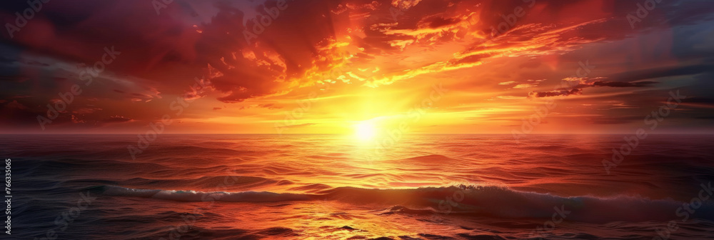 sunset in sea  tropical beach seascape horizon,  Orange and golden sunset sky calmness tranquil relaxing, banner - obrazy, fototapety, plakaty 