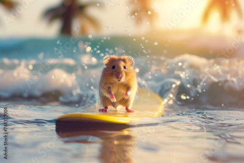 Summer vacation for pets. Adorable hamster surving on tropical beach waves. High quality photo